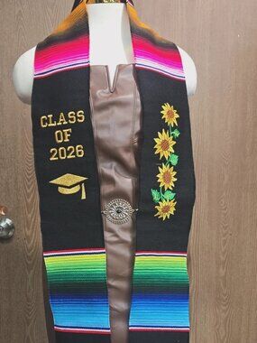 Mexican Graduation Sash Class 2026 Stole Multicolor and Black on Gold Embroider